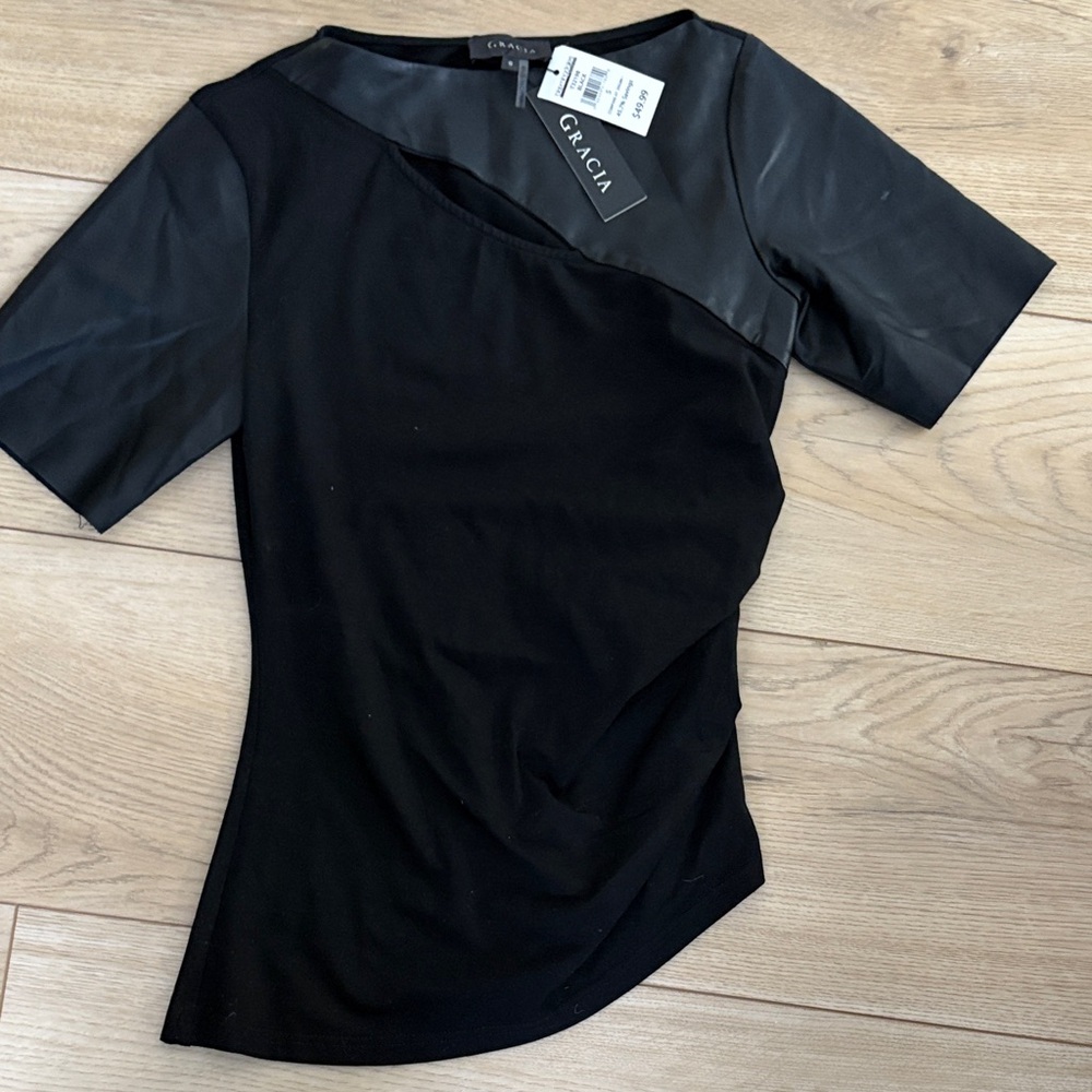 Gracia Black Short Sleeve Top with Leather Accent